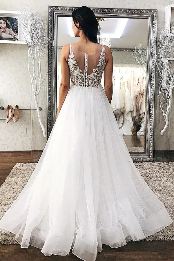 Tulle A-line V-neck Wedding Dresses With Lace Appliques, Bridal Gowns, MW711