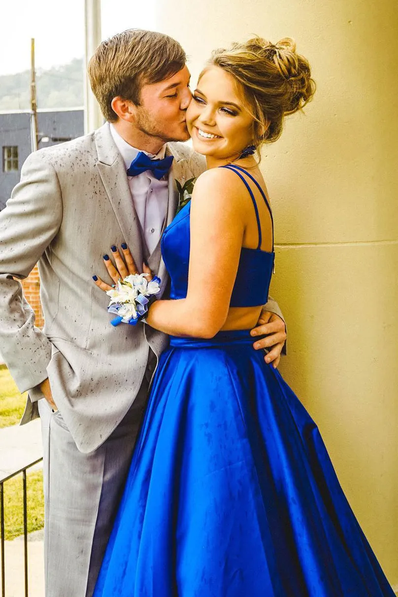 Two Piece Straps Royal Blue Long Prom Dress