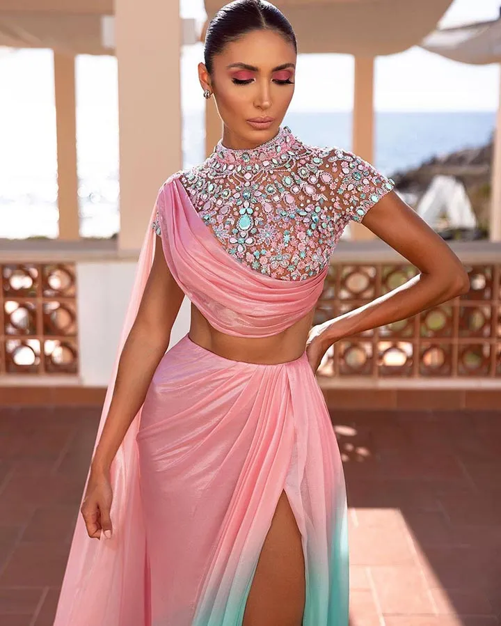 Two Pieces Prom Dresses High Neckline Beaded Gradient Chiffon Ruffles Long Evening Dress AW2207191