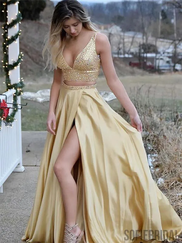 Two-pieces V-neck Beading Top Long Prom Dresses With High Split, PD0099