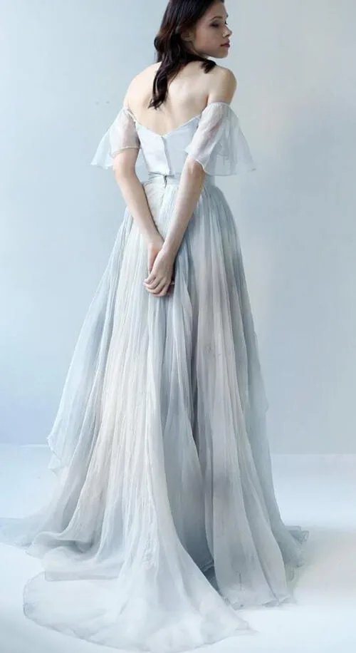 Unique Grey Blue Chiffon Off Shoulder Wedding Dresses, Bridal Gown, MW592