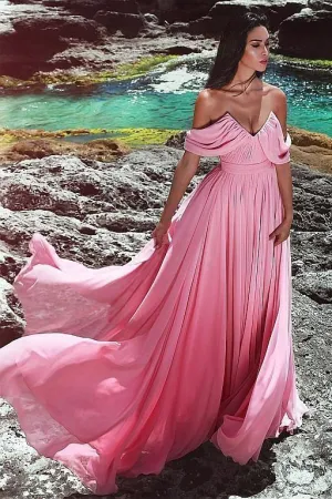 Unique Neckline Pink Prom Long Dresses Chiffon Skirt