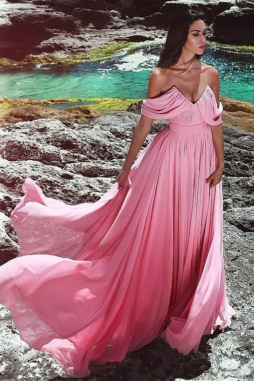Unique Neckline Pink Prom Long Dresses Chiffon Skirt