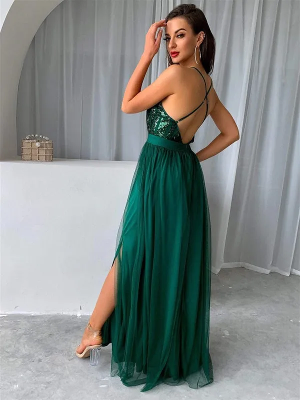 V Neck Backless Green Long Prom Dresses with Sequins Top, Backless Green Formal Graduation Evening Dresses