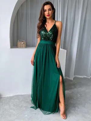 V Neck Backless Green Long Prom Dresses with Sequins Top, Backless Green Formal Graduation Evening Dresses