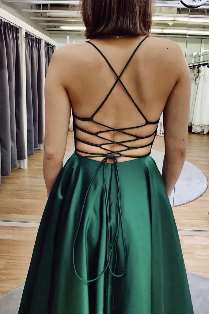 V Neck Backless Satin Green long Prom Dresses, Open Back Green Satin Formal Evening Dresses