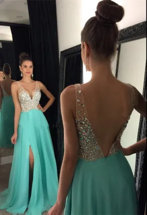 v neck blue prom dresses long chiffon beaded a line cheap open back prom gown vestido de Longo