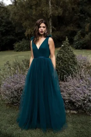 V-neck Dark Blue Tulle Prom Gown Online