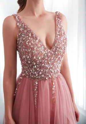 V-neck Evening Gown  Sexy Crystal Beading Split Tulle Prom Dress Floor Length Evening Dress vestido longo festa