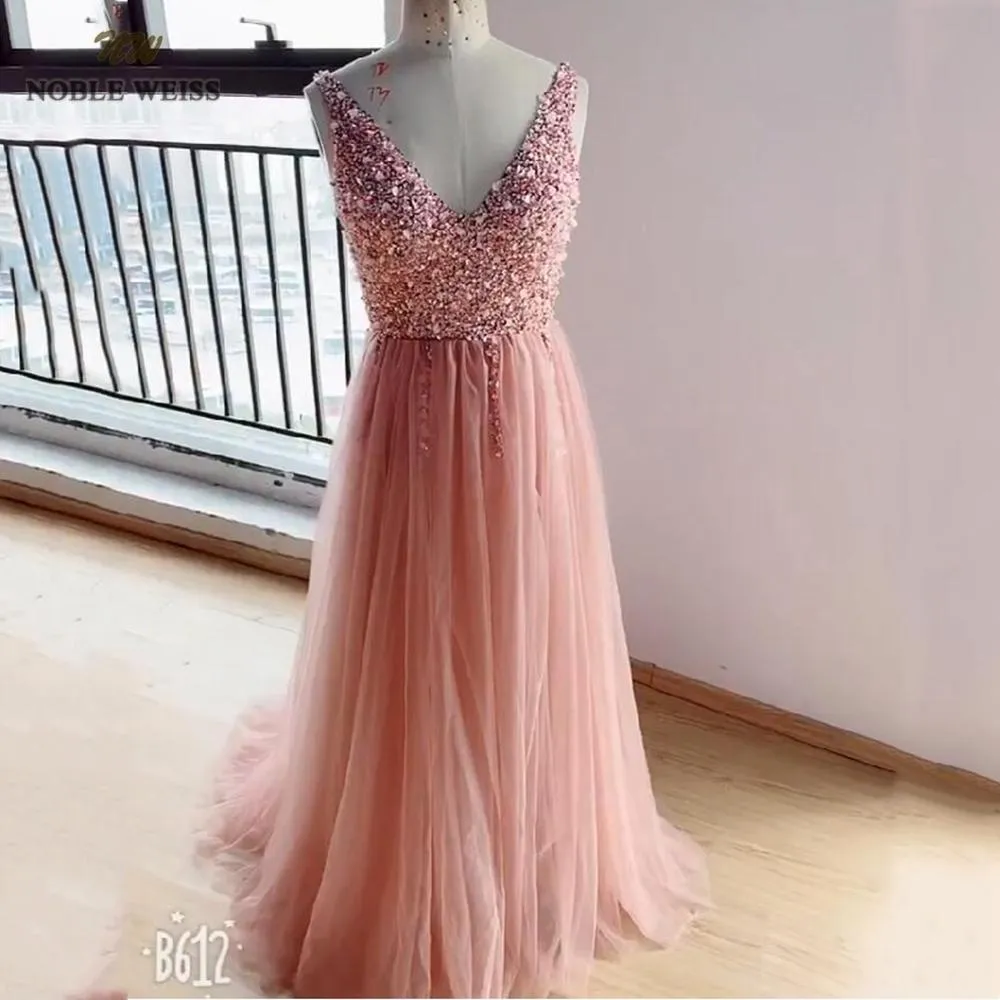 V-neck Evening Gown  Sexy Crystal Beading Split Tulle Prom Dress Floor Length Evening Dress vestido longo festa