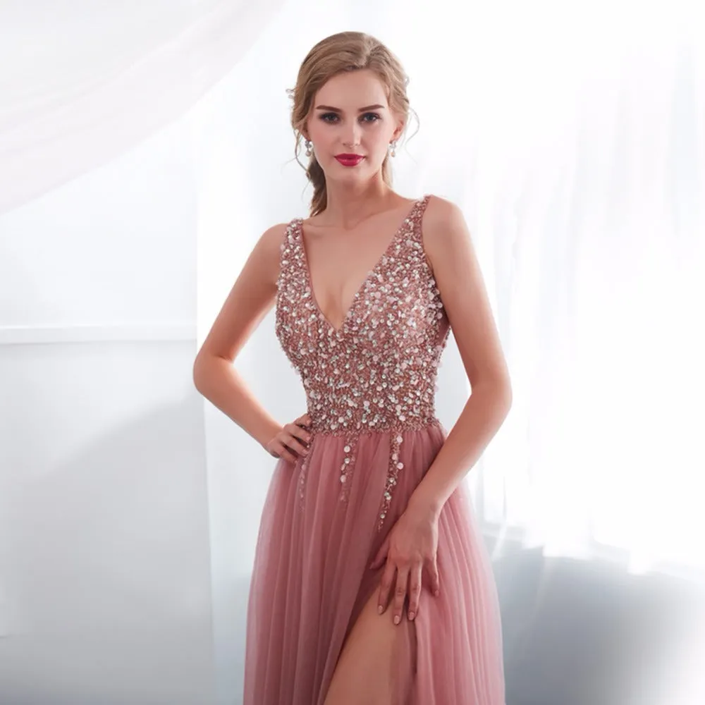 V-neck Evening Gown  Sexy Crystal Beading Split Tulle Prom Dress Floor Length Evening Dress vestido longo festa