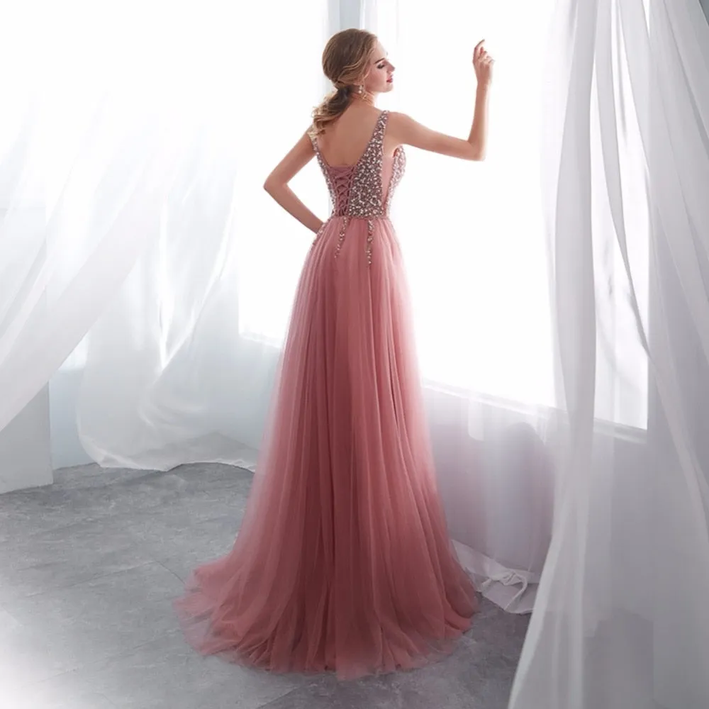V-neck Evening Gown  Sexy Crystal Beading Split Tulle Prom Dress Floor Length Evening Dress vestido longo festa