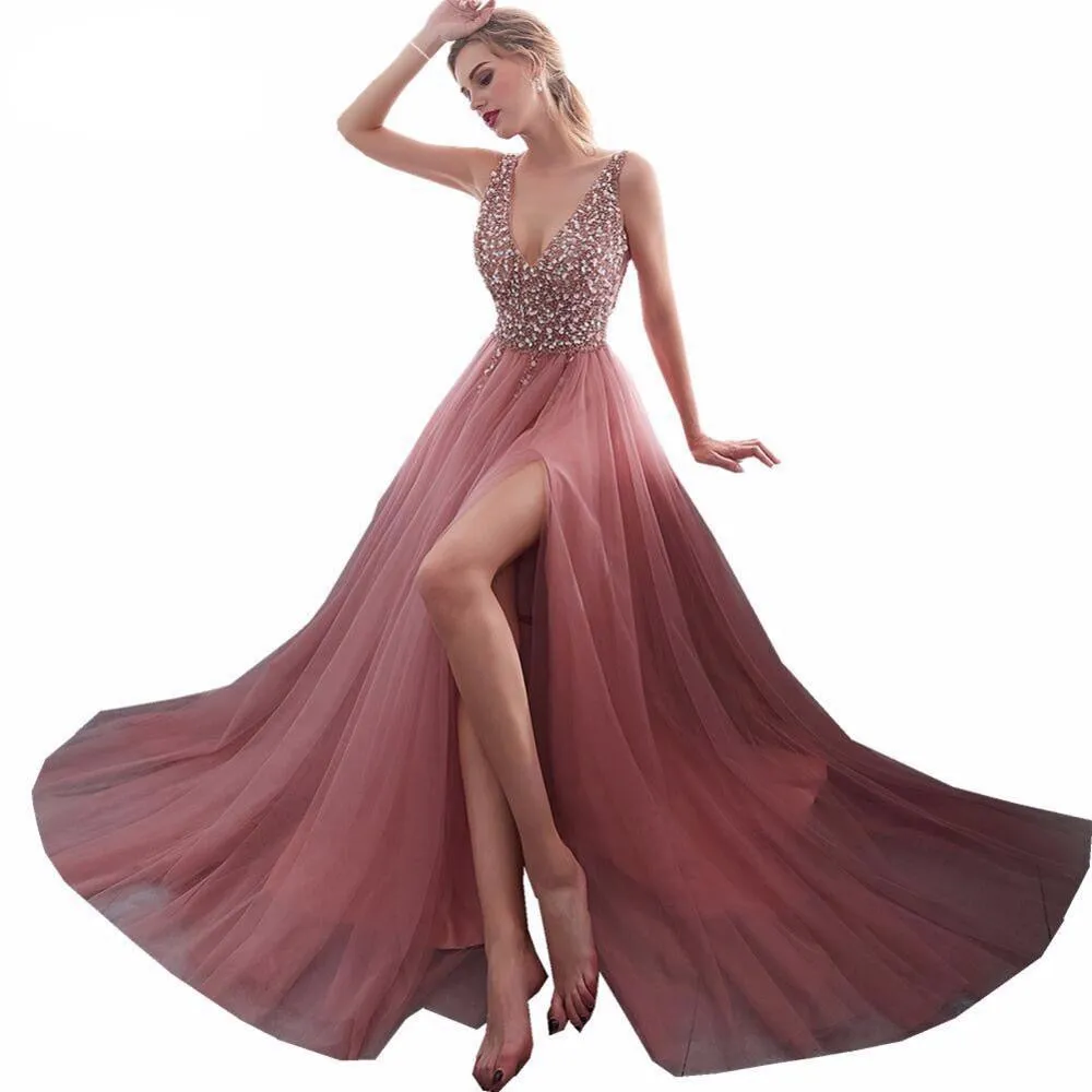 V-neck Evening Gown  Sexy Crystal Beading Split Tulle Prom Dress Floor Length Evening Dress vestido longo festa