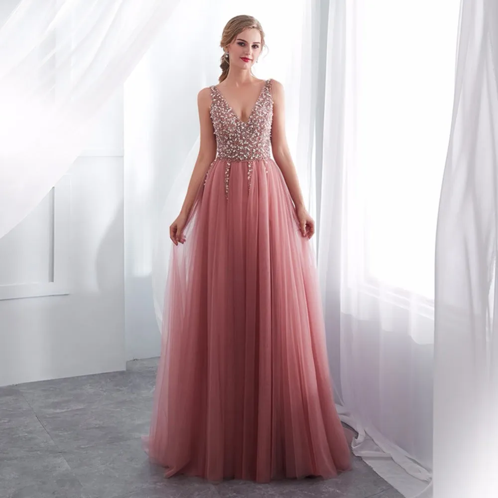 V-neck Evening Gown  Sexy Crystal Beading Split Tulle Prom Dress Floor Length Evening Dress vestido longo festa