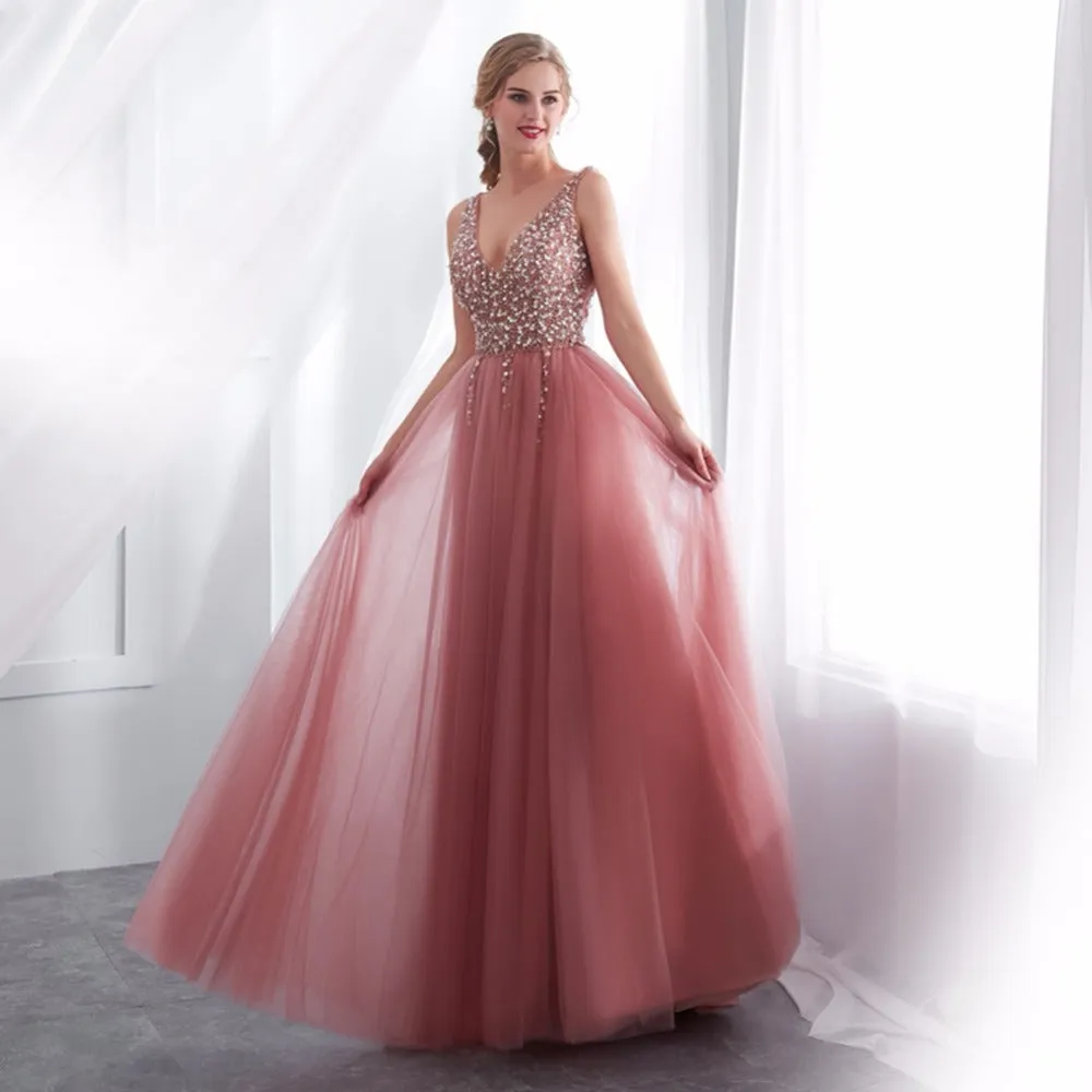 V-neck Evening Gown  Sexy Crystal Beading Split Tulle Prom Dress Floor Length Evening Dress vestido longo festa