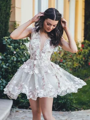 V Neck Lace Handmade Flower Cute Cheap Short Homecoming Dresses 2018, BDY0341