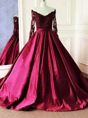 V Neck Long Sleeves Burgundy Lace Long Prom, Wine Red Long Sleeves Lace Formal Evening
