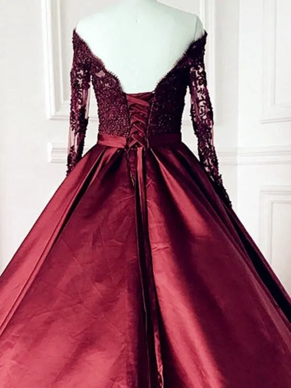 V Neck Long Sleeves Burgundy Lace Long Prom, Wine Red Long Sleeves Lace Formal Evening