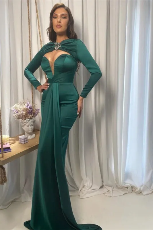 V Neck Prom Dress in Emerald Green with Long Sleeves
