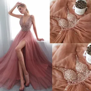 v neck prom dresses long beaded dusty pink sexy formal dresses prom gown vestido de festa de Longo