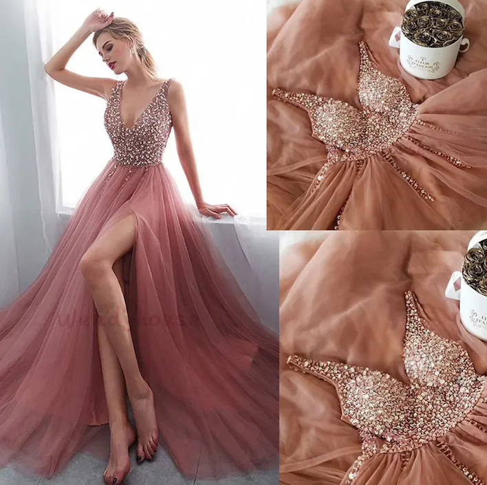 v neck prom dresses long beaded dusty pink sexy formal dresses prom gown vestido de festa de Longo