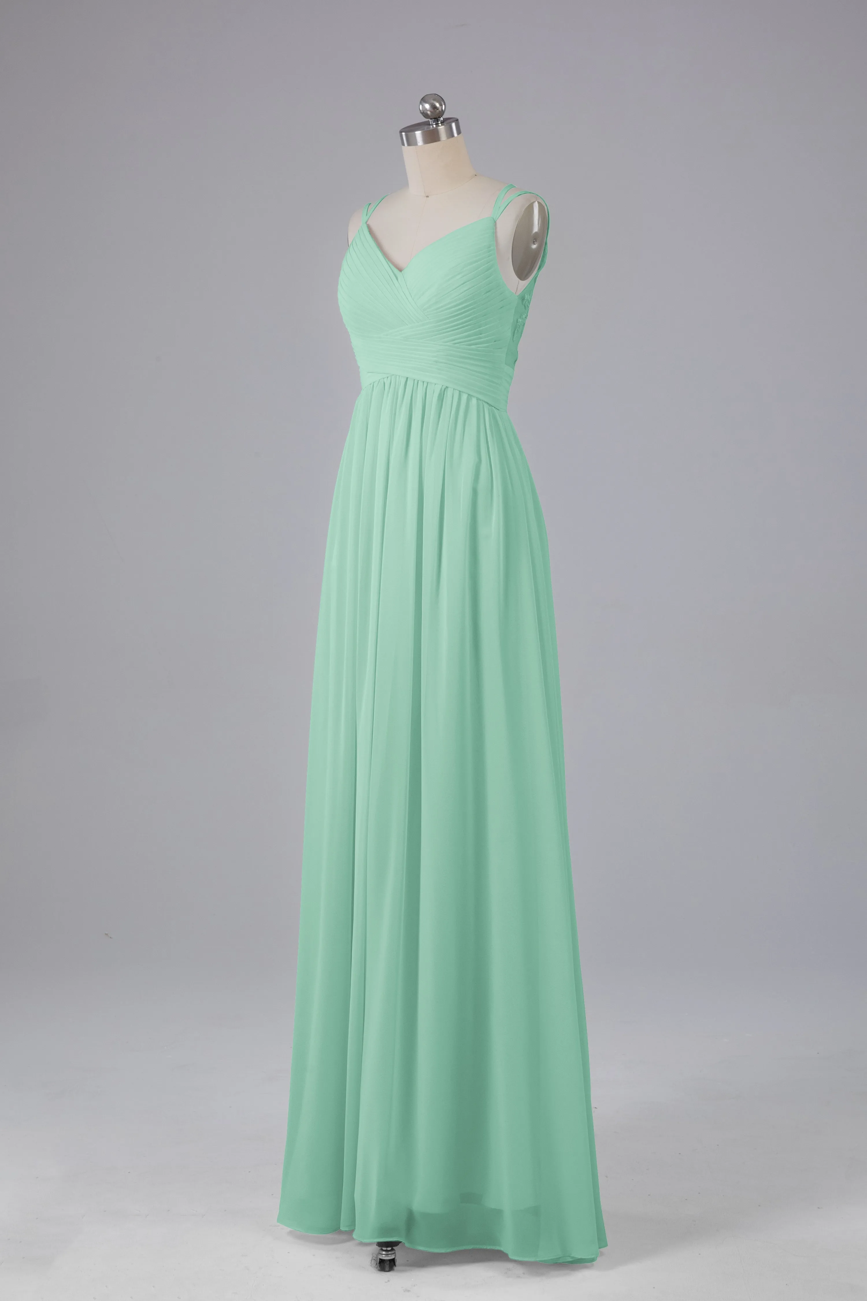 V-Neck Spaghetti Straps Long Bridesmaid Dresses
