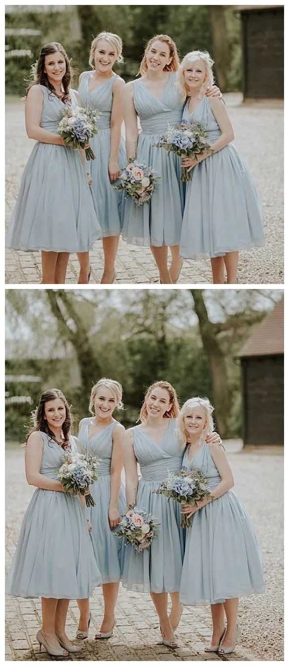 V neck Straps Short Chiffon Custom Cheap Bridesmaid Dresses, WG240