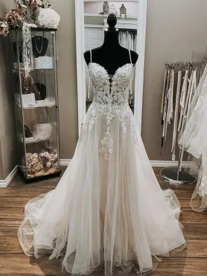 V Neck Thin Straps White Lace Wedding, White Lace Formal Prom, White Evening