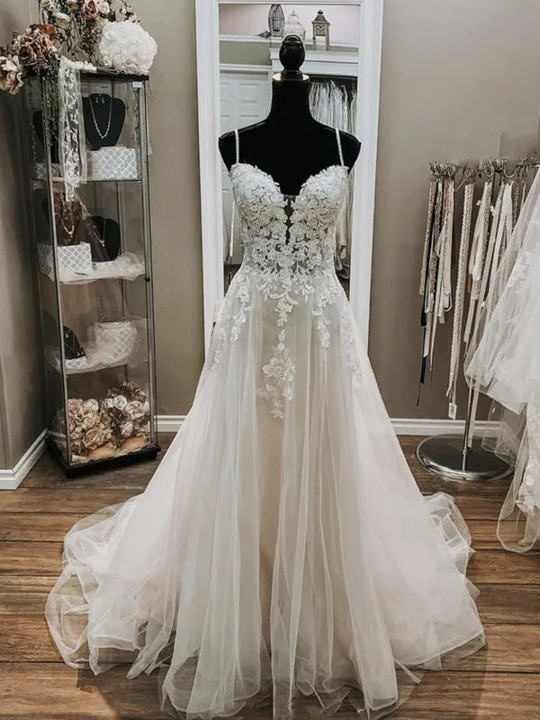 V Neck Thin Straps White Lace Wedding, White Lace Formal Prom, White Evening