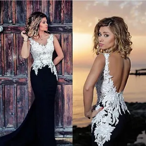 V-neck White Lace Top Black Satin Long Mermaid Sexy Backless Prom Dresses, BG0269