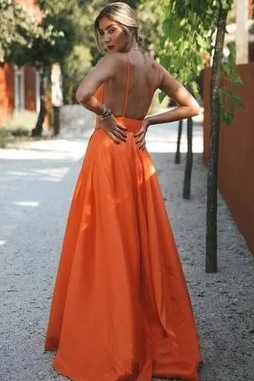 V-neckline Satin Orange Prom Dresses Floor Length