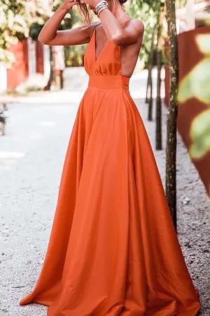 V-neckline Satin Orange Prom Dresses Floor Length