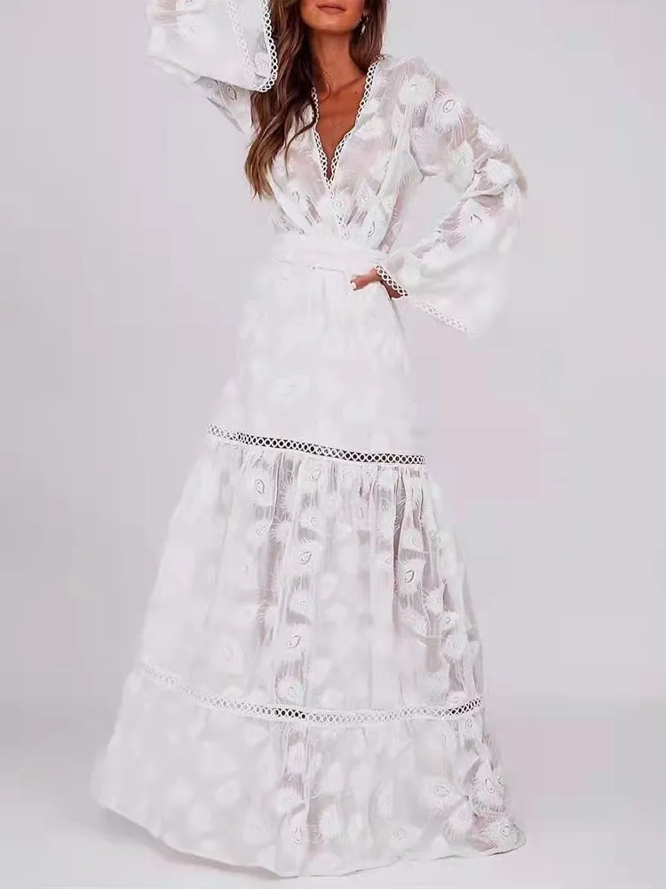 Vintage Casual Dress For Women V Neck Loose Long Sleeve
