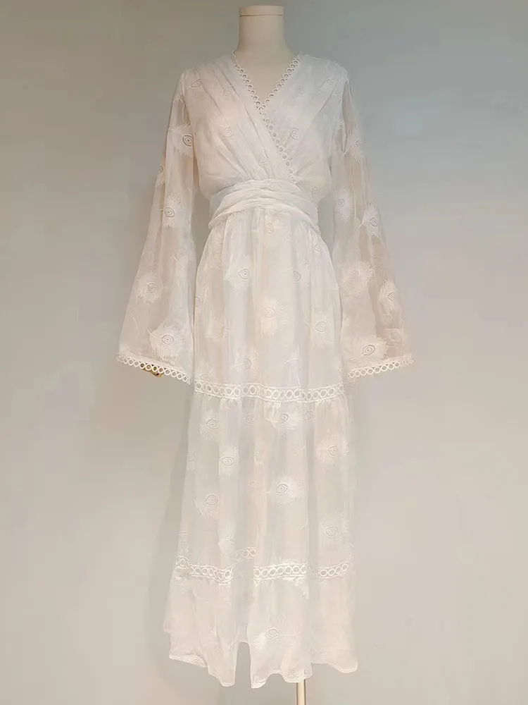 Vintage Casual Dress For Women V Neck Loose Long Sleeve