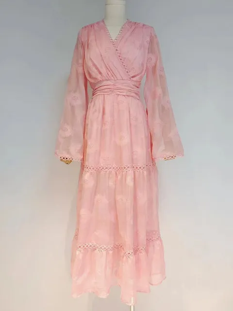 Vintage Casual Dress For Women V Neck Loose Long Sleeve