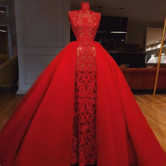 vintage high neck prom dresses 2021 detachable skirt lace applique red elegant luxury prom gowns 2022