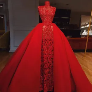 vintage high neck prom dresses 2021 detachable skirt lace applique red elegant luxury prom gowns 2022