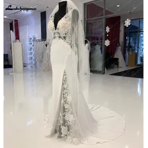 Vintage Lace Soft Satin Mermaid Wedding Dress Sexy Bridal Gowns Side Split Pluning V Neck 2024