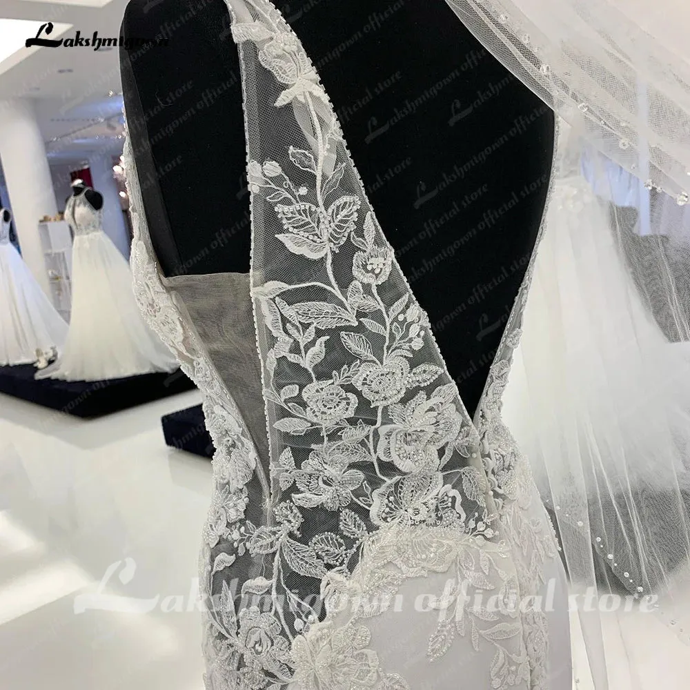 Vintage Lace Soft Satin Mermaid Wedding Dress Sexy Bridal Gowns Side Split Pluning V Neck 2024
