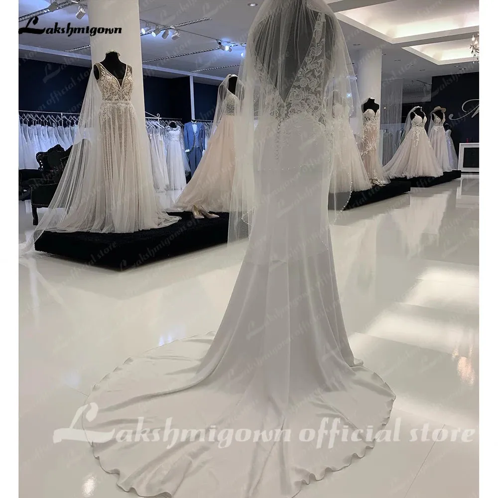 Vintage Lace Soft Satin Mermaid Wedding Dress Sexy Bridal Gowns Side Split Pluning V Neck 2024