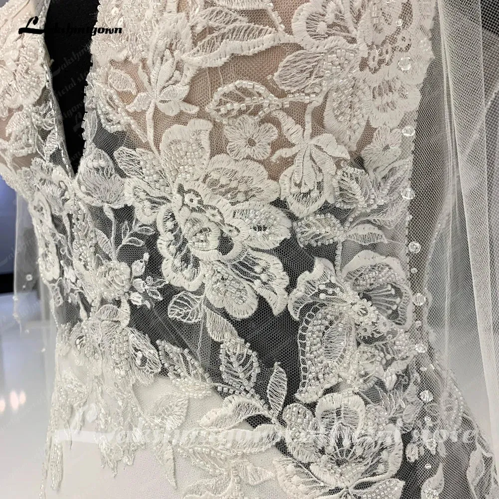 Vintage Lace Soft Satin Mermaid Wedding Dress Sexy Bridal Gowns Side Split Pluning V Neck 2024