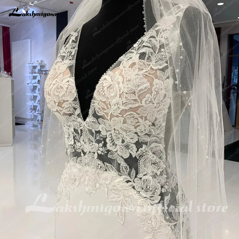 Vintage Lace Soft Satin Mermaid Wedding Dress Sexy Bridal Gowns Side Split Pluning V Neck 2024