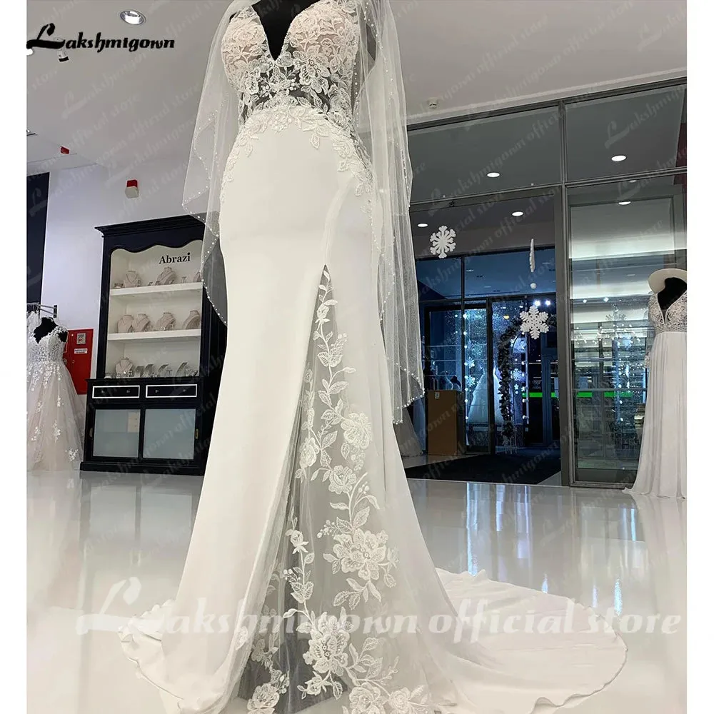 Vintage Lace Soft Satin Mermaid Wedding Dress Sexy Bridal Gowns Side Split Pluning V Neck 2024