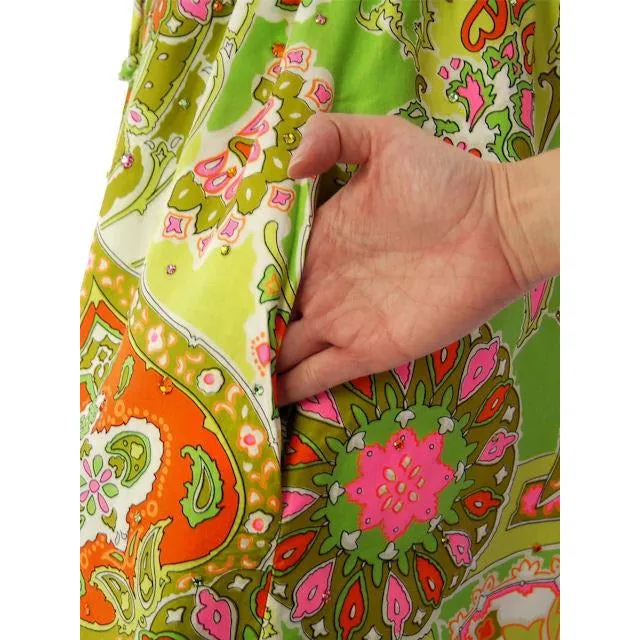 Vintage Summer Dress Cutest 1960s Lime Print/Rhinestones Miles & Miles 36-27-42