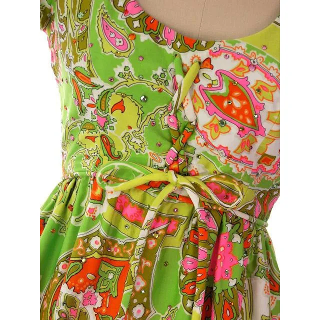 Vintage Summer Dress Cutest 1960s Lime Print/Rhinestones Miles & Miles 36-27-42
