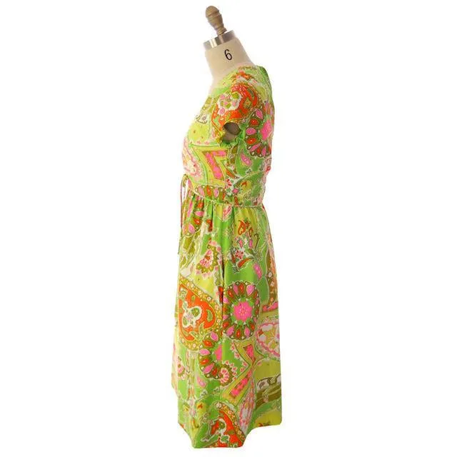 Vintage Summer Dress Cutest 1960s Lime Print/Rhinestones Miles & Miles 36-27-42
