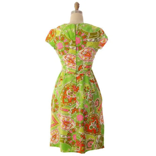 Vintage Summer Dress Cutest 1960s Lime Print/Rhinestones Miles & Miles 36-27-42