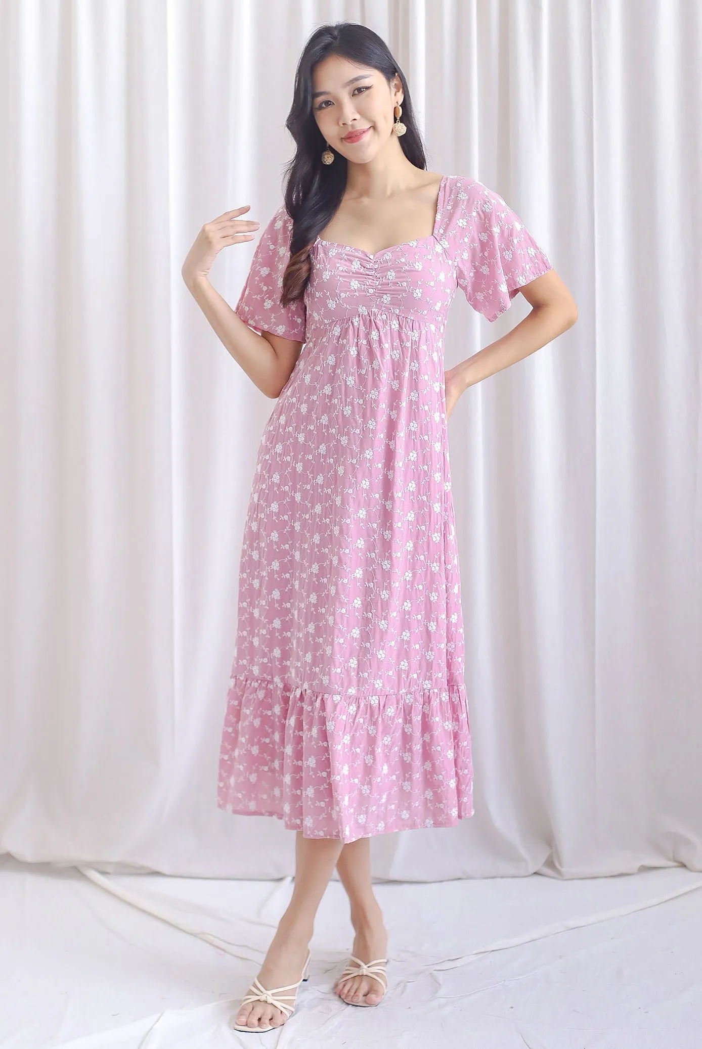 Vivienne Flutter Sleeve Embro Maxi Dress In Pink