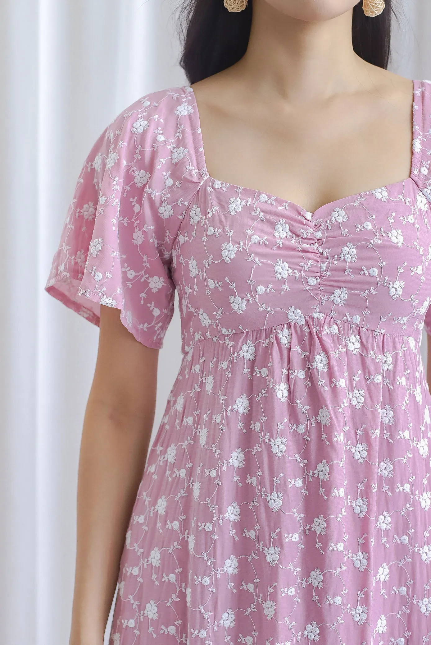 Vivienne Flutter Sleeve Embro Maxi Dress In Pink