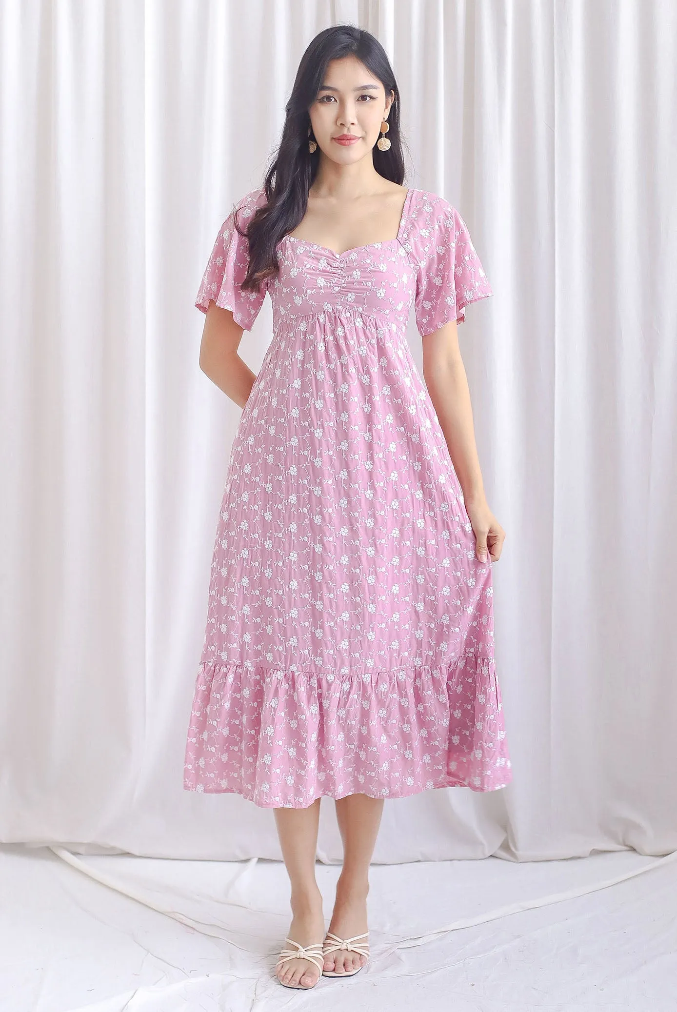 Vivienne Flutter Sleeve Embro Maxi Dress In Pink